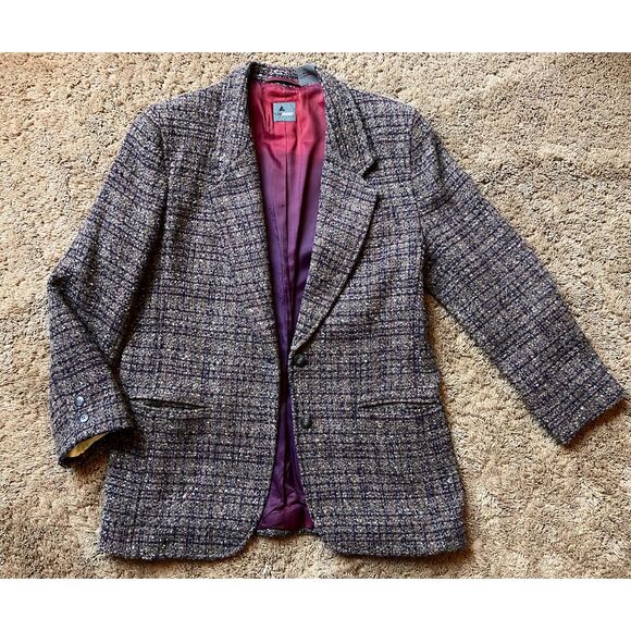 90s Liz Wear 12 Petite Wool Tweed Plaid Blazer Sport Coat Jacket Gray Navy Brown - Picture 7 of 14